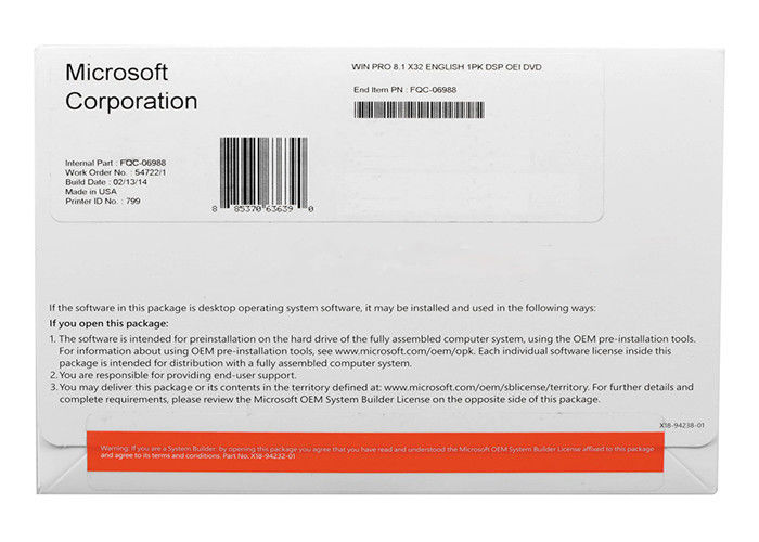 Autoadesivo genuino chiave 100% del COA di attivazione della licenza di Microsoft Windows 8,1 del pacchetto dell'OEM